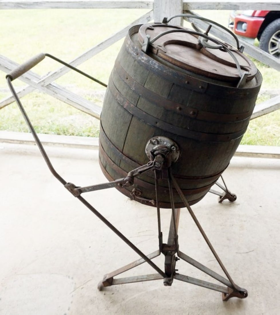PRIMITIVE TREADLE CHURN: PRIMITIVE WOOD *BEATTY BROS LTD* TREADLE CHURN, APPROXIMATELY 24 IN X 28 IN X 36 IN H