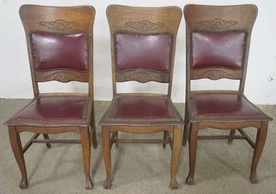 ANTIQUE OAK CHAIRS WITH LEATHER SEATS AND BACKS