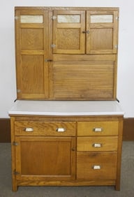 WILSON OAK KITCHEN CABINET WITH SLAG GLASS PANELS