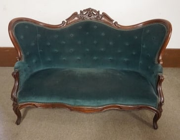 WALNUT VICTORIAN UPHOLSTERED LOVE SEAT