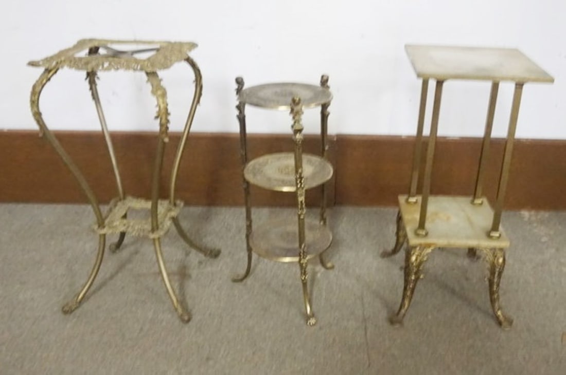 ORNATE METAL STANDS: 3 ORNATE METAL STAND, LARGEST APPROXIMATELY 15 IN SQ X 32 N H