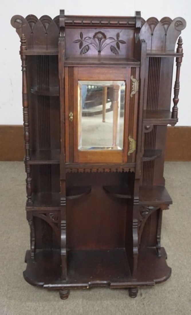 VICTORIAN CARVED WALNUT ETEGERIE WITH MIRROR (1 of 5)