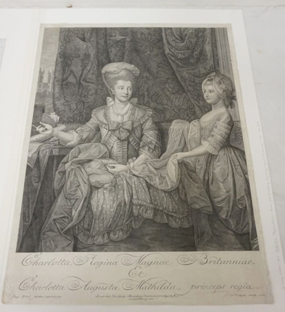 ANTIQUE ENGRAVING OF CHARLOTTE OF MECKLENBURG: ANTIQUE ENGRAVING OF CHARLOTTE OF MECKLENBURG, APPROXIMATELY 17 IN X 22 IN