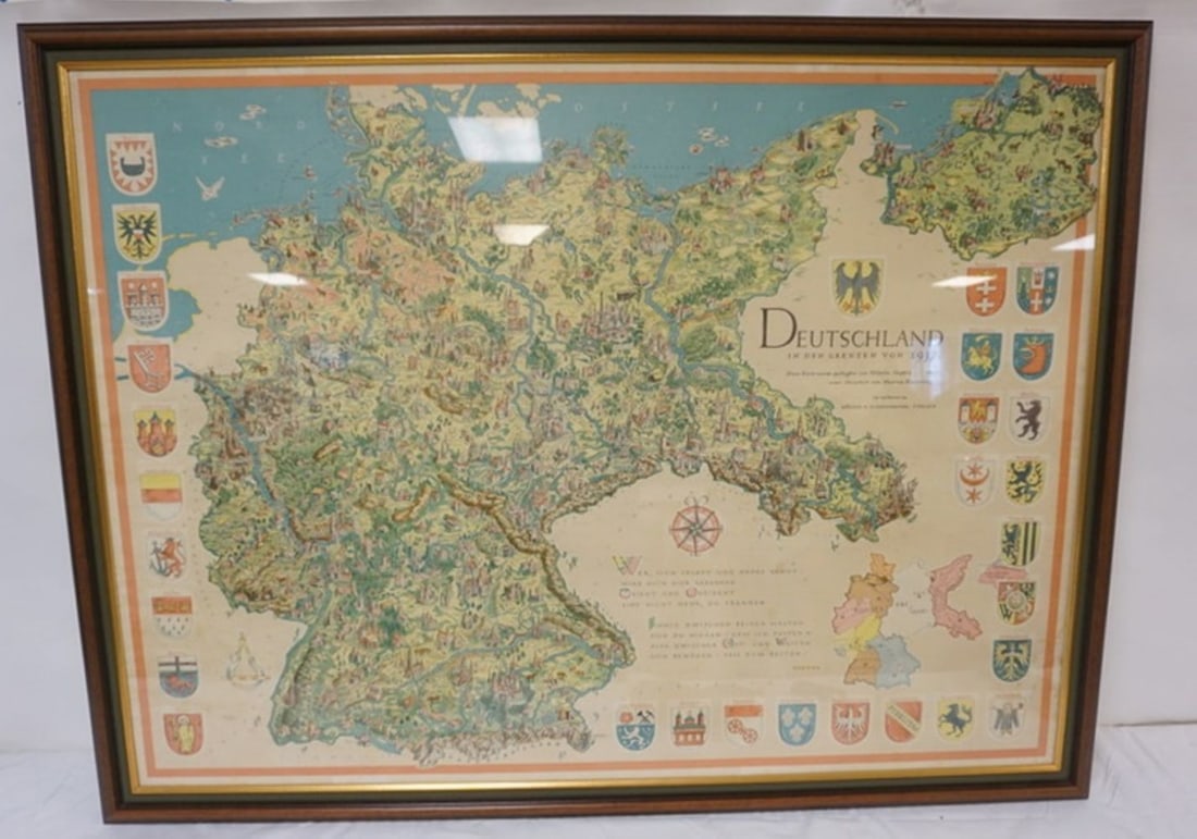 DEUTSCHLAND 1937 MAP: FRAMED MAP *DEUTSCHLAND* 1937, APPROXIMATELY 50 IN X 38 IN