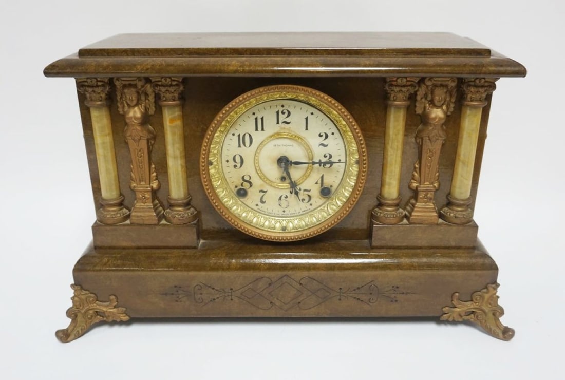 SETH THOMAS MANTLE CLOCK: SETH THOMAS MANTLE CLOCK, APPROXIMATELY 18 IN X7 IN X 11 IN HIGH