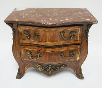 ANTIQUE MINIATURE MARBLE TOP BOMBE CHEST