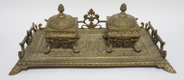 ANTIQUE ORNATE BRASS DOUBLE INKWELL
