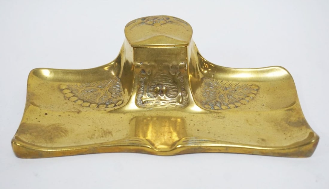 BRASS ART NOUVEAU INKWELL: BRASS ART NOUVEAU INKWELL, APPROXIMATELY 9 IN X 5 IN X 2 IN HIGH