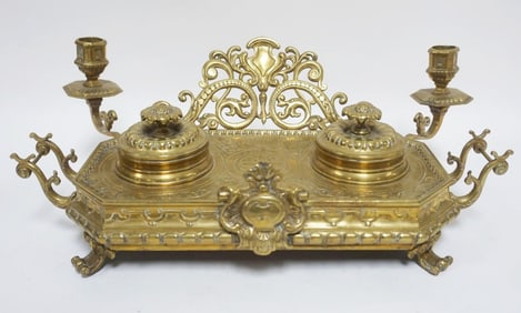 ANTIQUE FANCY BRASS DOUBLE INKWELL