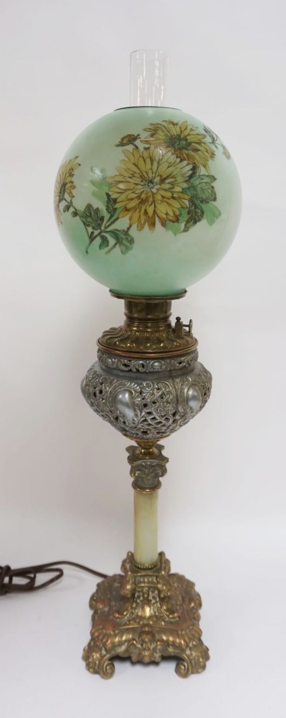 ANTIQUE BANQUET LAMP: ANTIQUE BANQUET LAMP W/HAND PAINTED SHADE, CAST METAL FOUNT & BASE W/CHERUBS & ONYX CENTER COLUMN, ELECTRIFIED, APPROXIMATELY 35 IN HIGH