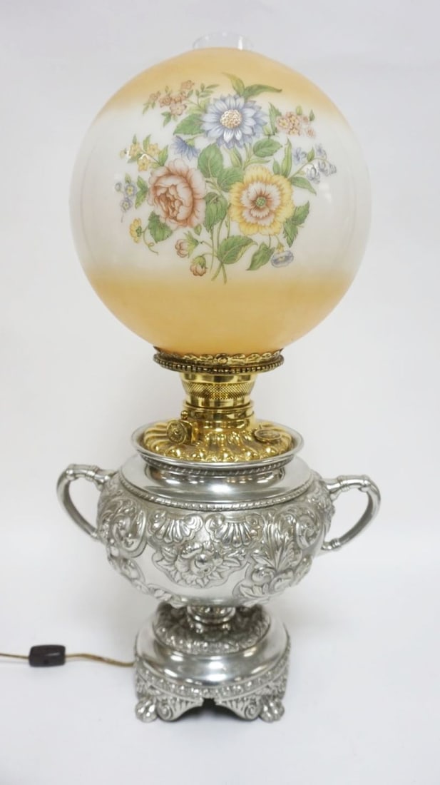 BRADLEY & HUBARD NICKEL & BRASS PARLOR LAMP: BRADLEY & HUBARD NICKEL & BRASS PARLOR LAMP, HAS BEEN ELECTRIFIED