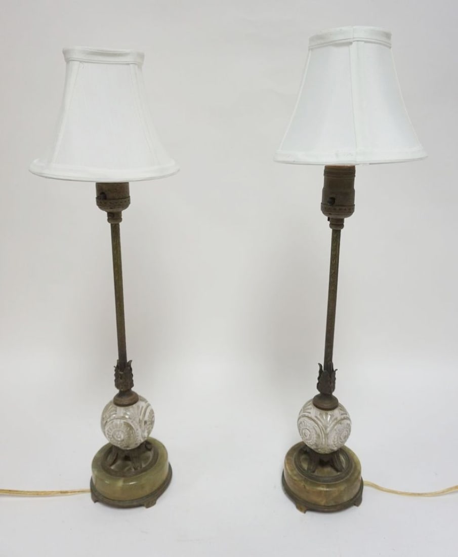 PAIR OF BOUDOUR LAMPS: PAIR OF BOUDOUR LAMPS W/GLASS BALLS & MARBLE BASE, EACH APPROXIMATELY 21 IN HIGH