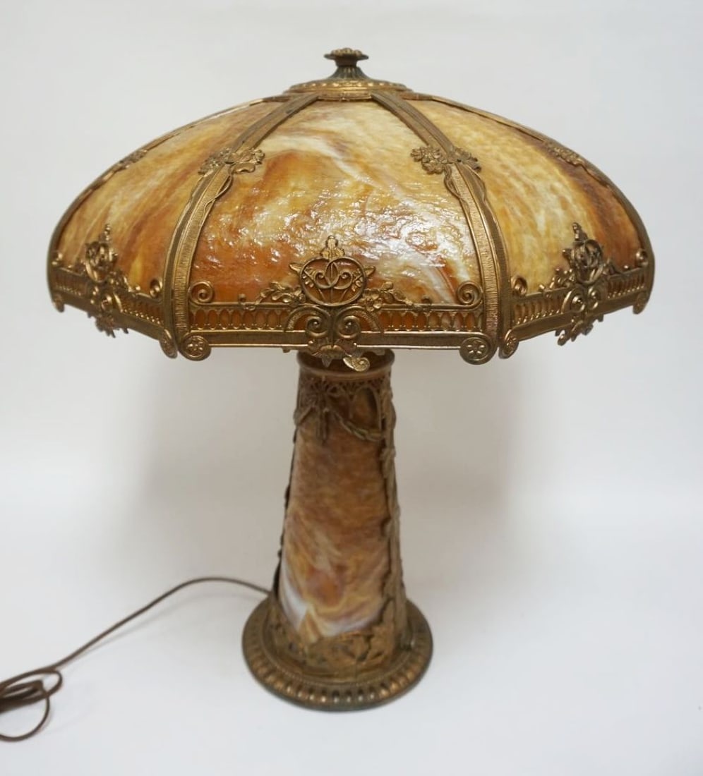 ANTIQUE PARLOR LAMP: ANTIQUE PARLOR LAMP W/SLAG GLASS PANELS ON SHADE & BASE, SOME LOSS TO METAL TRIM, APPROXIMATELY 25 IN HIGH
