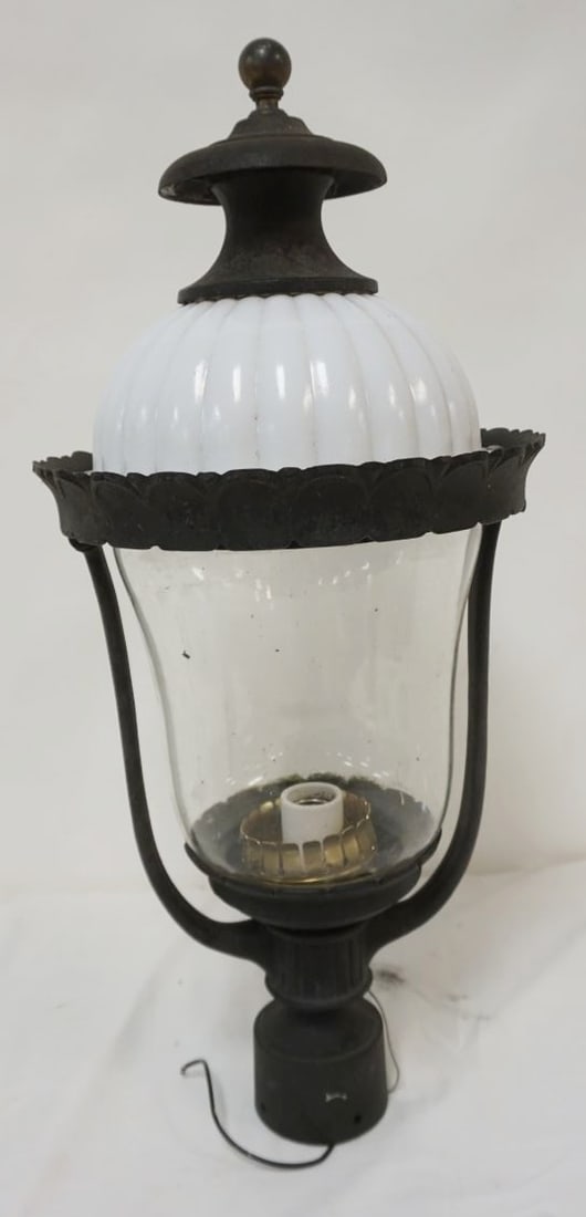 CAST METAL POLE LAMP: CAST METAL POLE LAMP W/MILK GLASS TOP, APPROXIMATELY 26 IN HIGH