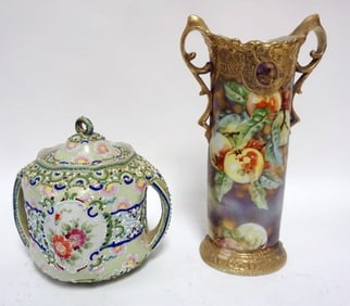 NIPPON HAND PAINTED VASE & MORIAGE BISQUIT JAR