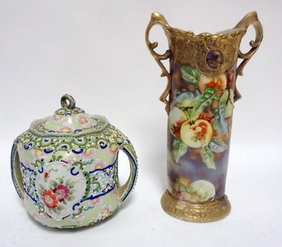 NIPPON HAND PAINTED VASE &  MORIAGE BISQUIT JAR (1 of 6)