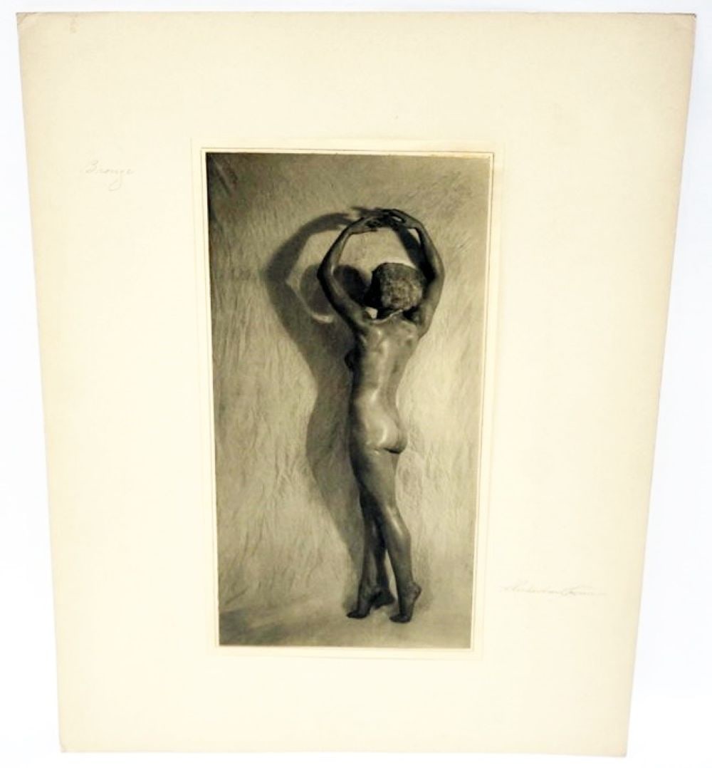 H RICHARDSON CREMER PHOTOGRAPHER: H RICHARDSON CREMER PHOTOGRAPHER (1878-1942) NEW YORK, NEW JERSEY, CA 1920 NUDE PHOTO OF WOMAN TITLED *BRONZE* EXHIBIT TAGS ON REVERSE, APPROXIMATELY 16 IN X 20 IN OVERALL