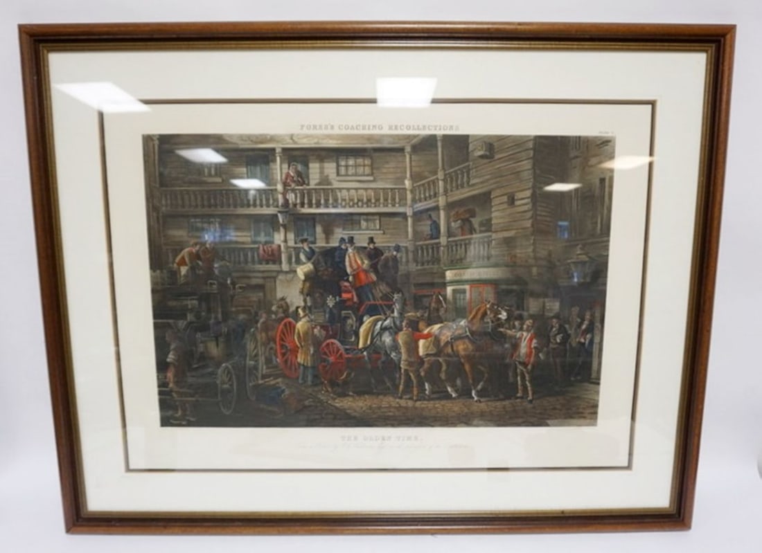 LARGE FRAMED ENGRAVING: LARGE FRAMED ENGRAVING, COACH SCENE TITLED *THE OLDEN TIME* BY J HARRIS, APPROXIMATELY 39 IN X 31 IN OVERALL