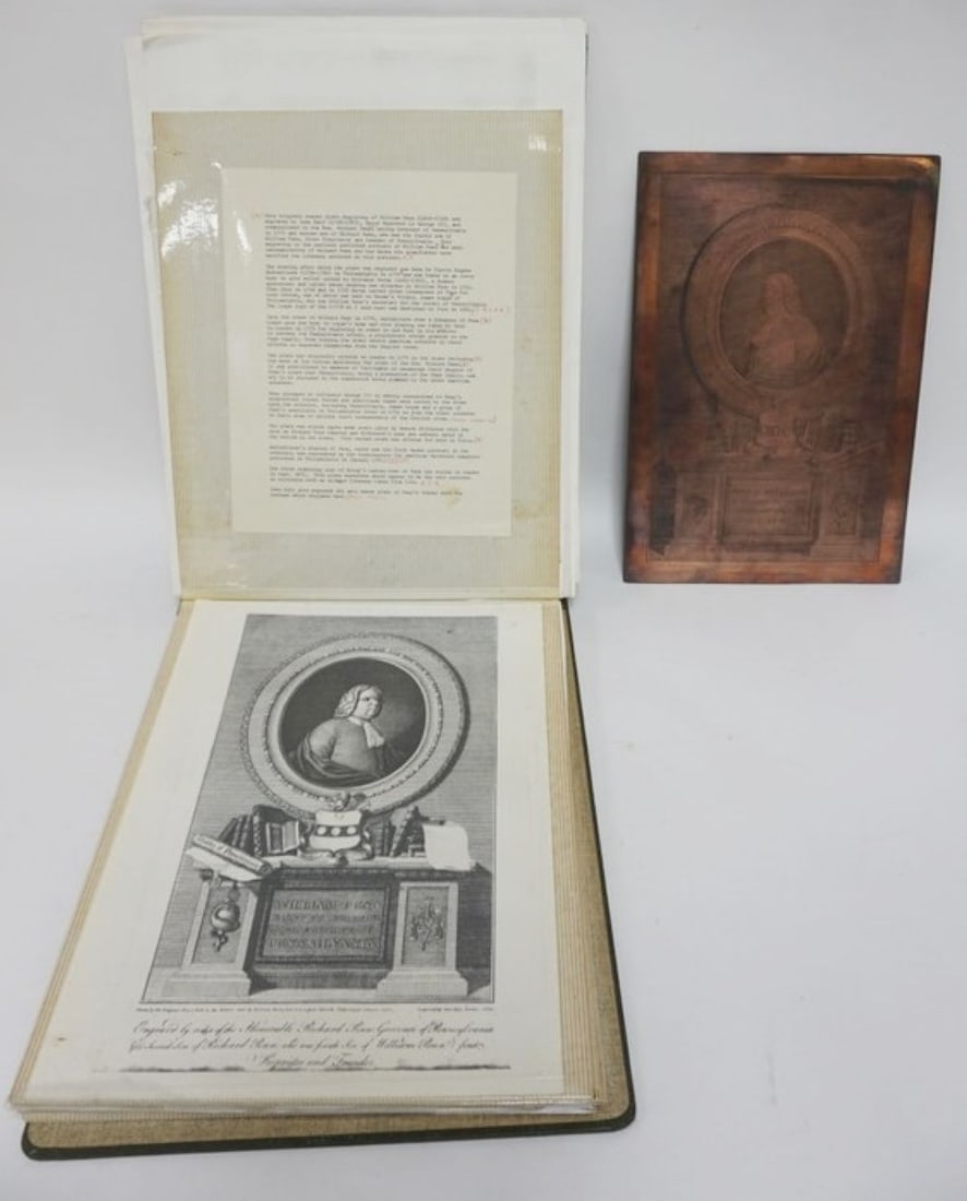 WILLIAM PENN COPPER ENGRAVING PLATE & ENGRAVINGS: COPPER ENGRAVING PLATE OF WILLIAM PENN & ENGRAVINGS & INFO PLATE, APPROXIMATELY 9 1/2 IN X 14 IN