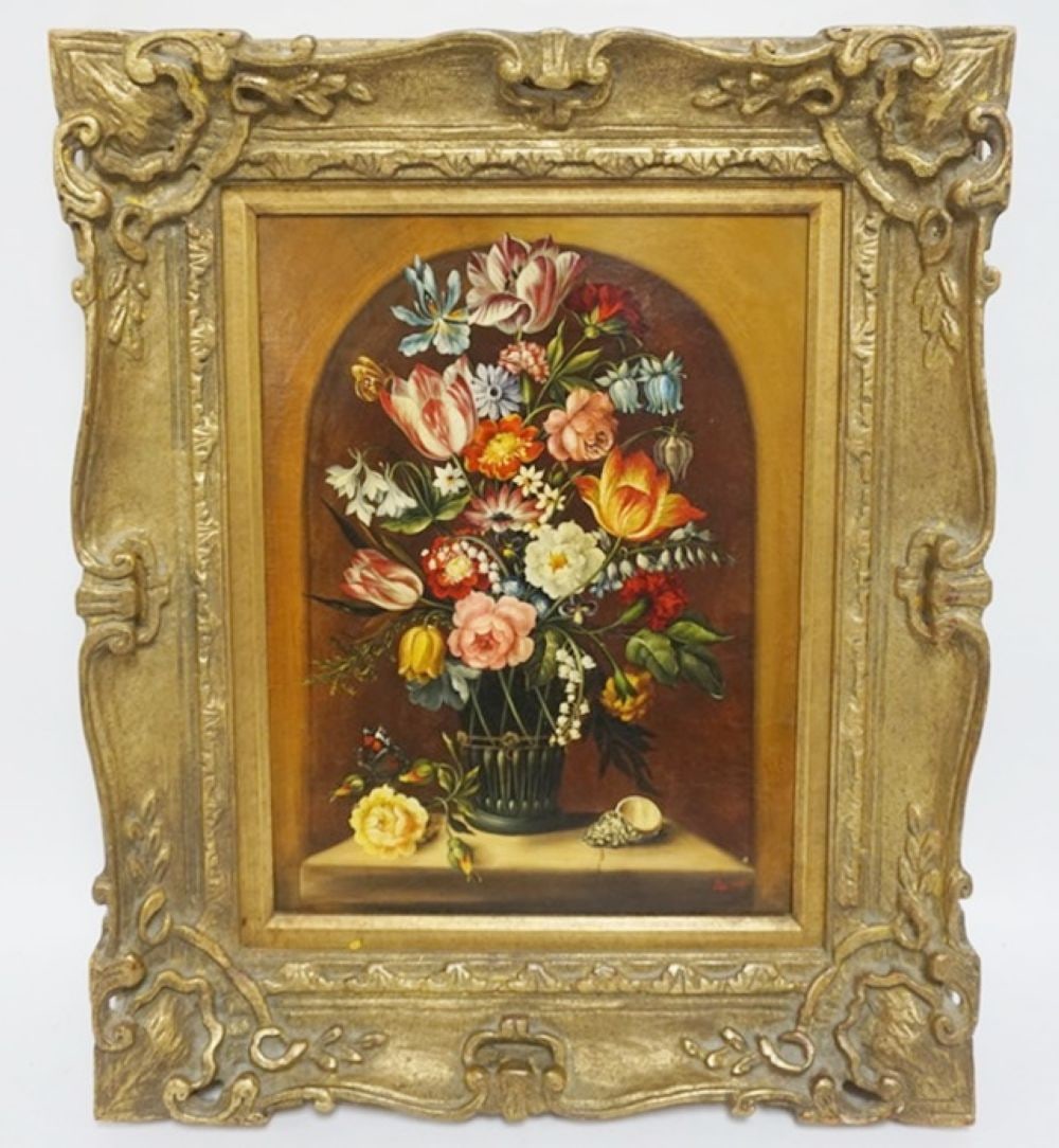 CONTEMPORARY ARTIST SIGNED FLORAL STILL LIFE: CONTEMPORARY ARTIST SIGNED FLORAL STILL LIFE ON BOARD, APPROXIMATELY 19 IN X 23 IN OVERALL