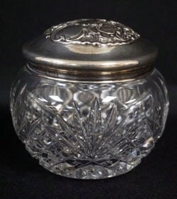 ANTIQUE STERLING SILVER & CUT GLASS DRESSER JAR