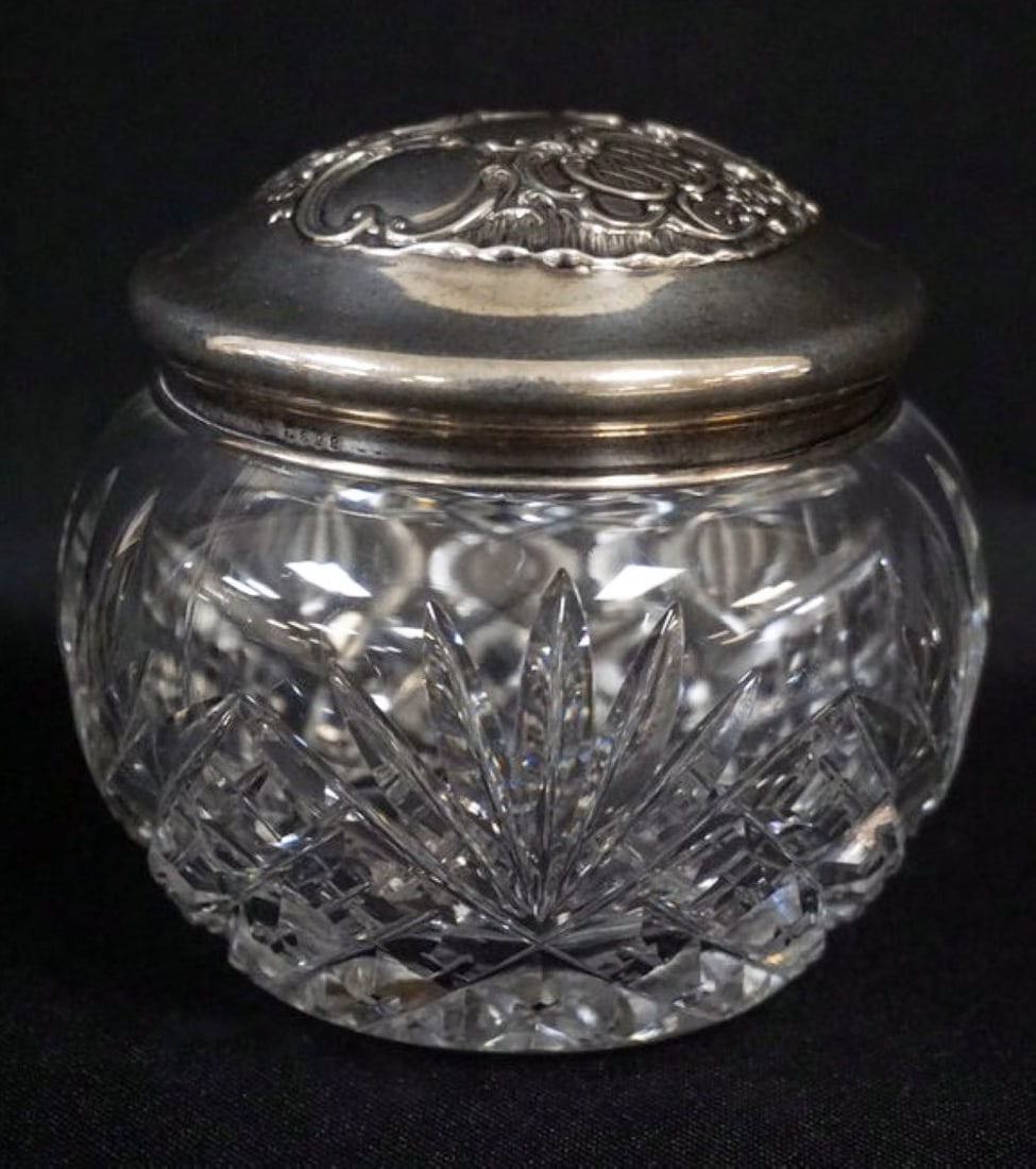 ANTIQUE STERLING SILVER & CUT GLASS DRESSER JAR: ANTIQUE STERLING SILVER & CUT GLASS DRESSER JAR, GROUND & POLISHED BASE, APPROXIMATELY 4 IN X 3 1/2 IN