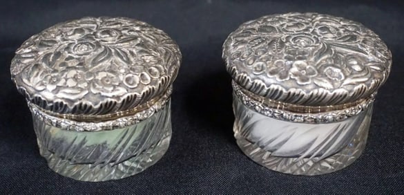 ANTIQUE STERLING SILVER & CUT GLASS DRESSER BOXES