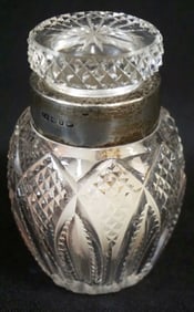 CUT GLASS DRESSER BOTTLE WITH SILVER COLLAR