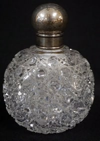 ANTIQUE CUT GLASS PERFUME WITH SILVER LID & COLLAR