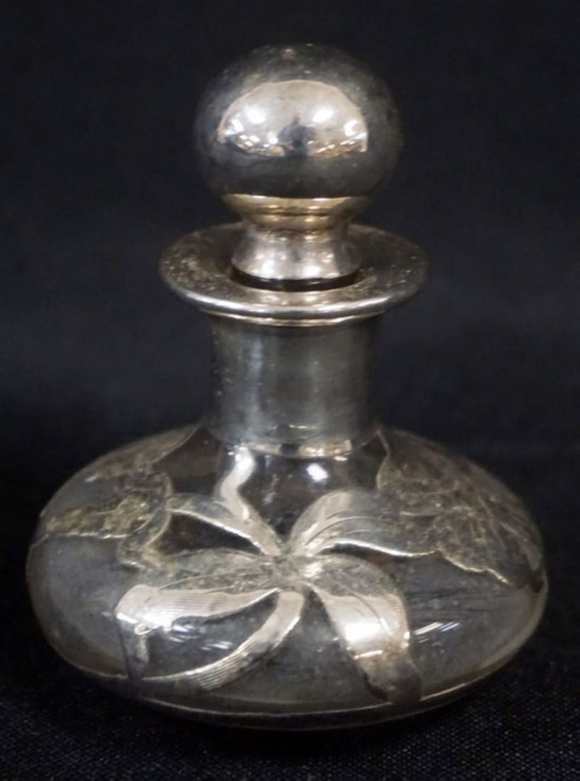 ANTIQUE STERLING SILVER OVERLAY  PERFUME BOTTLE (1 of 3)