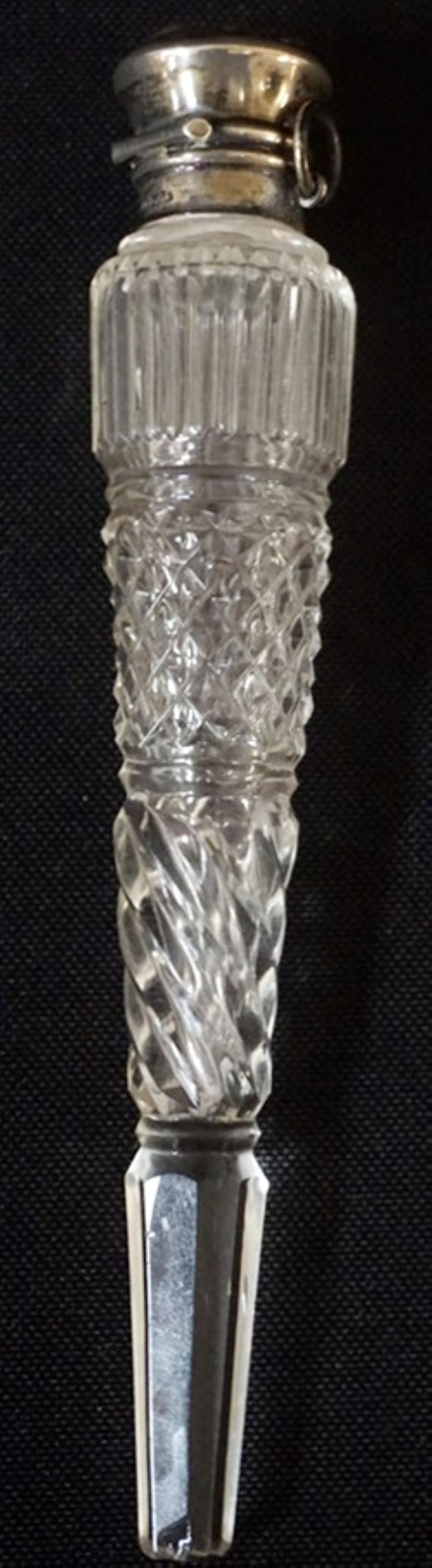 REPOUSSE STERLING SILVER CUT GLASS PERFUME: REPOUSSE STERLING SILVER AND CUT GLASS TEAR DROP PERFUME, APPROXIMATELY 5 1/2 IN