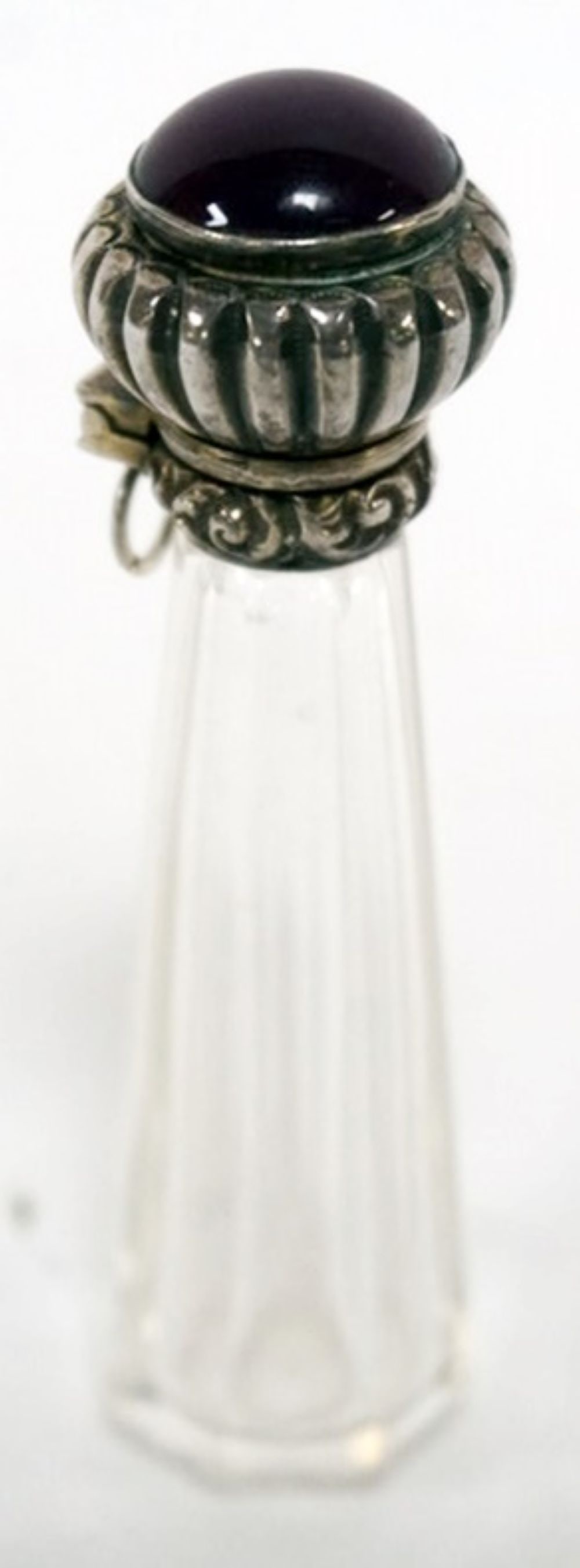 REPOUSSE STERLING SILVER CUT GLASS PERFUME: REPOUSSE STERLING SILVER AND AMYTHYST JEWELED HINGED TOP CUT GLASS PERFUME BOTTLE, APPROXIMATELY 3 1/2 IN H