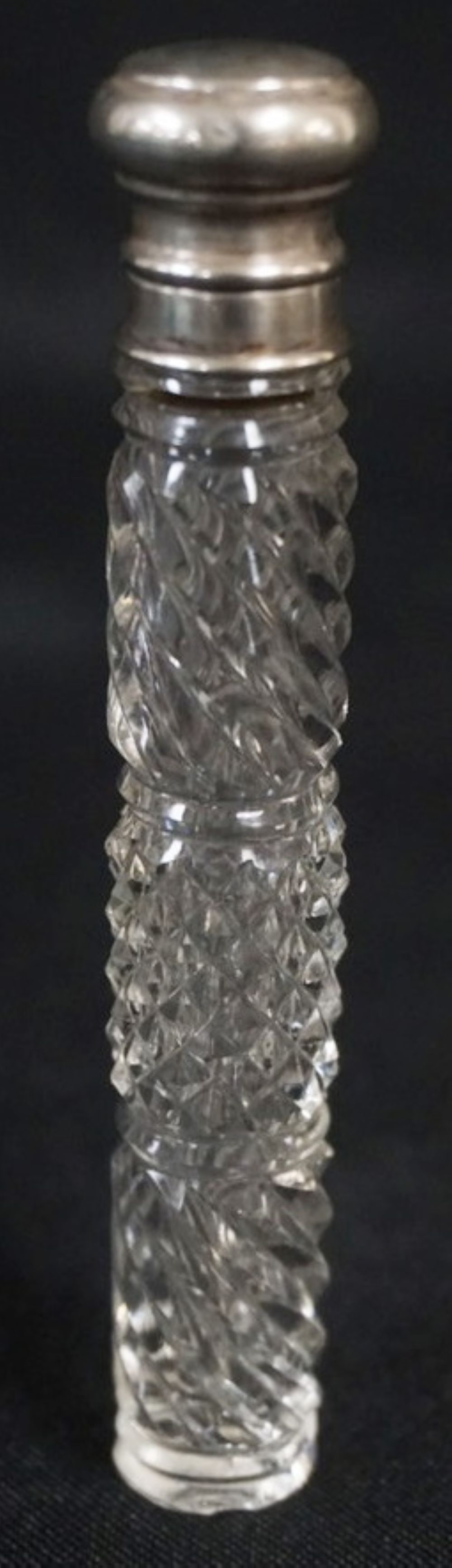 STERLING SILVER CUT GLASS PERFUME: STERLING SILVER AND CUT GLASS LADIES SCENT PERFUME WITH GLASS STOPPER, APPROXIMATELY 4 3/4 IN