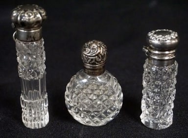 SILVER TOPPED CUT GLASS PERFUME BOTTLES