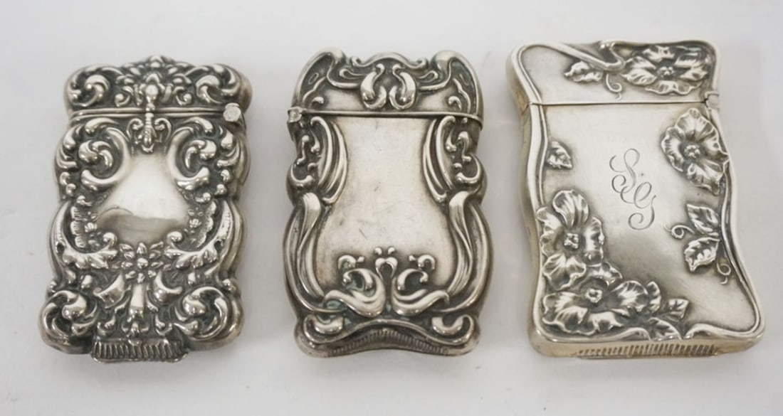 REPOUSSE STERLING MATCH SAFES: GROUP OF 3 REPOUSSE STERLING MATCH SAFES, 2.1 OZT, LARGEST APPROXIMATELY 2 1/2 IN X 1 1/2 IN X 1/2 IN