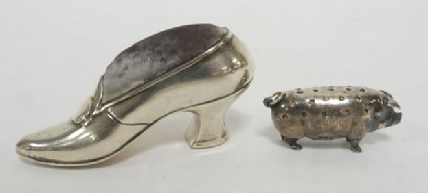 STERLING SILVER SHOE AND PIG PIN CUSHION