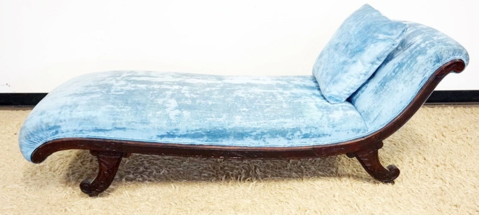 VICTORIAN UPHOLSTERED RECAMIER: VICTORIAN UPHOLSTERED RECAMIER, SOME STAINING ON UPHOLSTERY, APPROXIMATELY 25 IN X 69 IN X 26 IN H