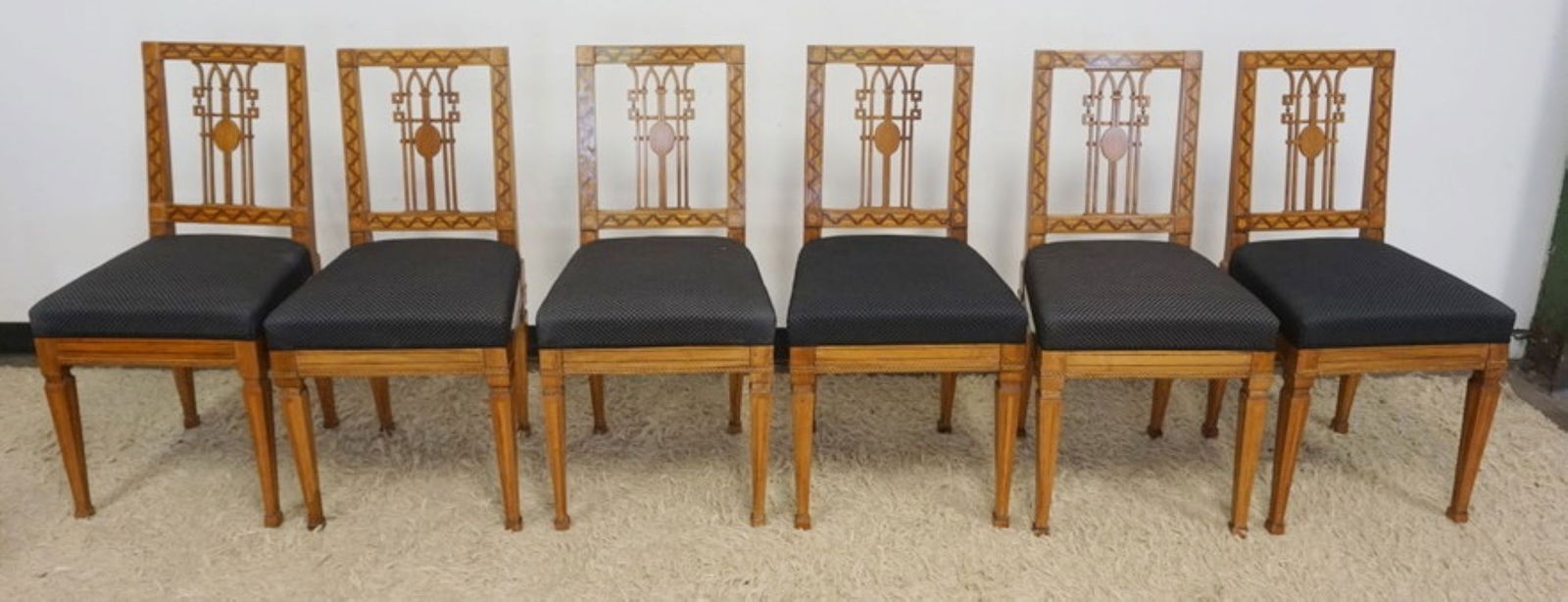 SET OF BIEDERMEIER INLAID CHAIRS: SET OF 6 BIEDERMEIER INLAID CHAIRS WITH UPHOLSTERED SEATS, EACH APPROXIMATELY 18 IN X 17 IN X 37 IN H