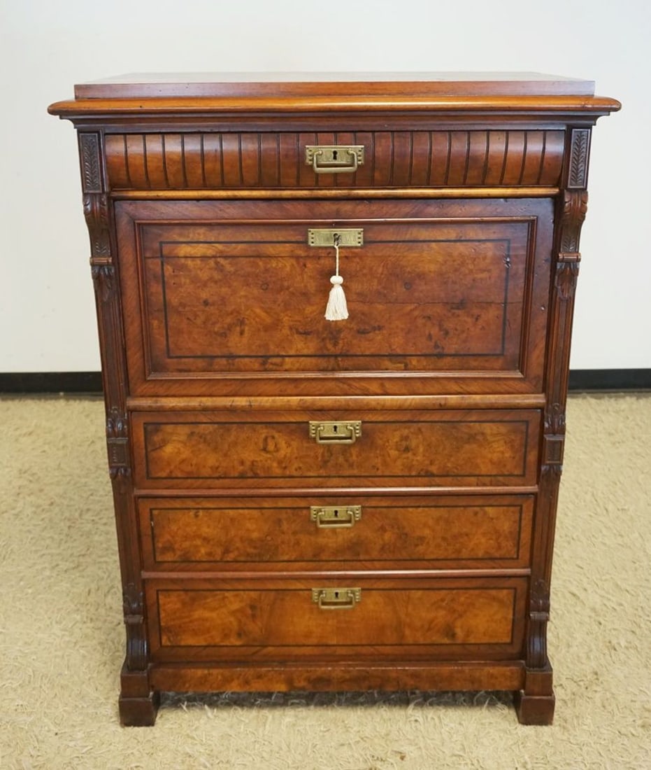 FALL FRONT ABATANT DESK: MAHOGANY ABATANT W/BURL WOOD LOWER DRAWERS FRONT & FALL FRONT, CARVED FRONT SIDES, TOTAL OF 4 DRAWERS, HAS KEY FOR FALL FRONT, APPROXIMATELY 37 IN X 20 IN X 53 IN