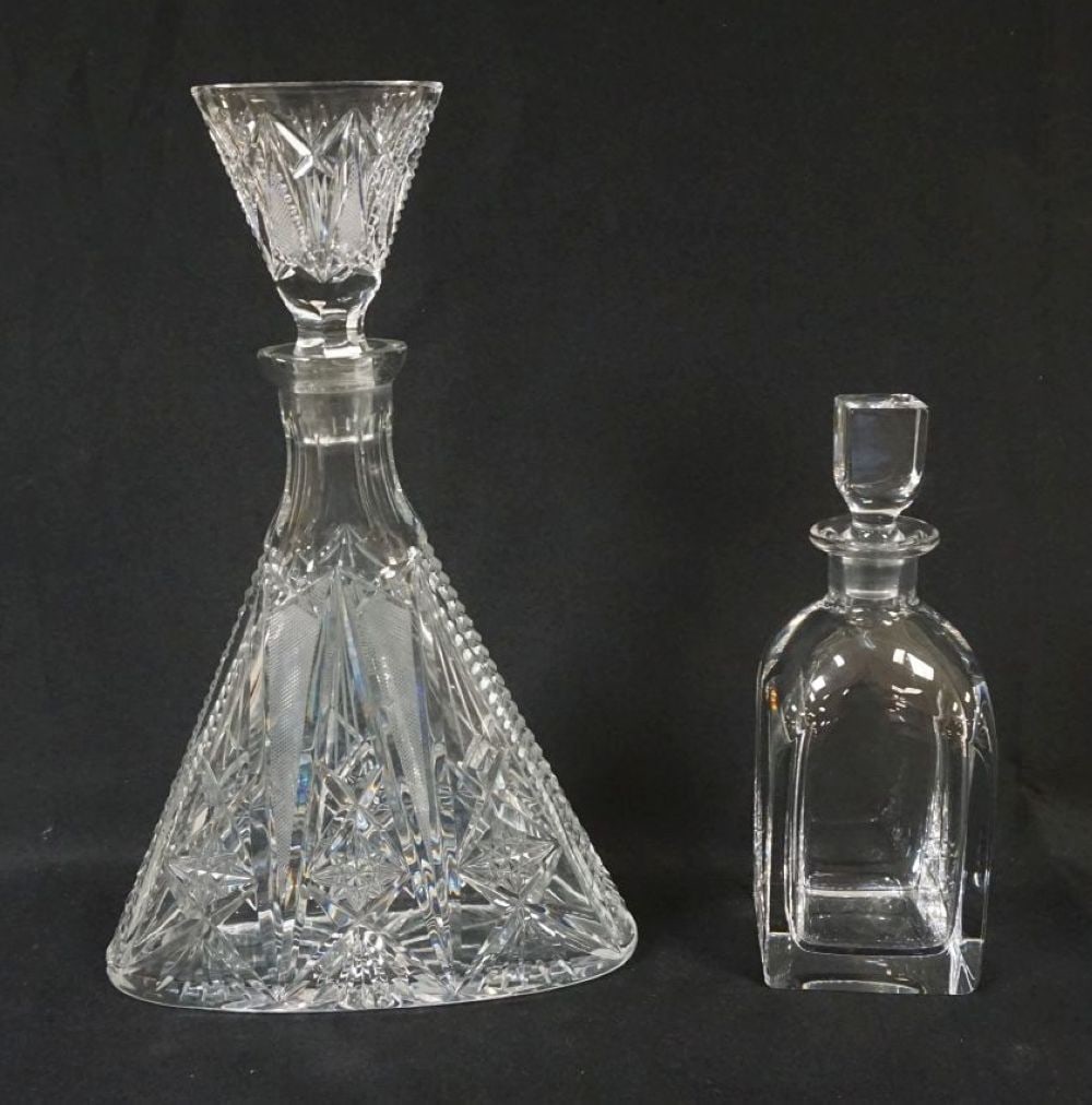 CUT GLASS & ORREFORS DECANTORS: CUT GLASS SHERRY/WINE DECANTOR & ORREFORS DECANTOR, TALLEST APPROXIMATELY 14 1/2 IN HIGH