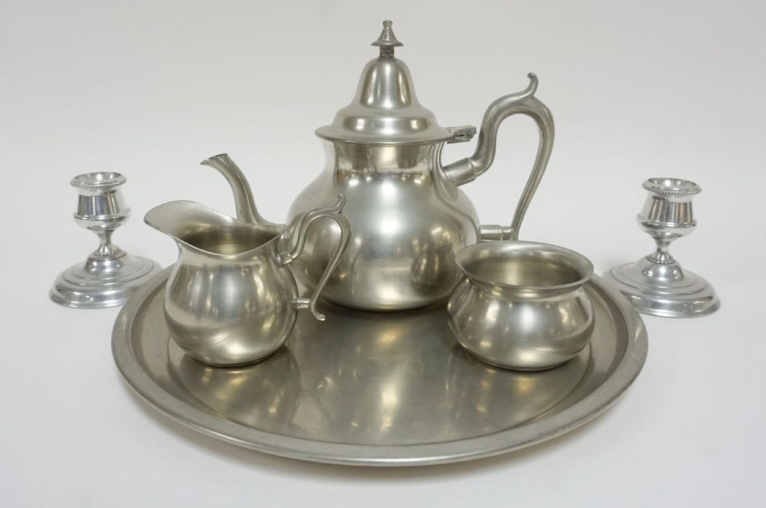HENRY FORD MUSEUM WOODBURY PEWTER TEASET: HENRY FORD MUSEUM WOODBURY PEWTER GREENFEILD VILLAGE TEASET W/TRAY & 2 PEWTER CANDLESTICKS, TRAY APPROXIMATELY 12 IN