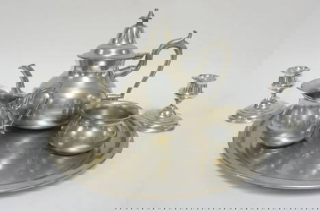 HENRY FORD MUSEUM WOODBURY PEWTER TEASET: HENRY FORD MUSEUM WOODBURY PEWTER GREENFEILD VILLAGE TEASET W/TRAY & 2 PEWTER CANDLESTICKS, TRAY APPROXIMATELY 12 IN