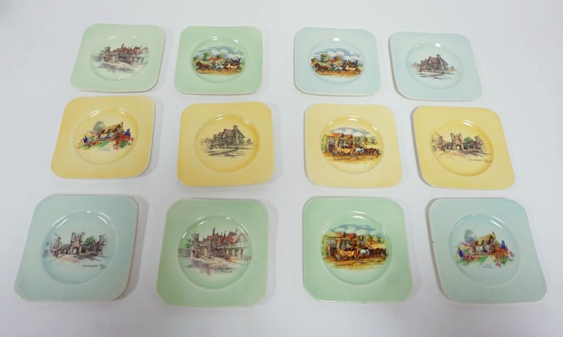 12 EMPIRE ENGLAND SHELTON IVORY PLATES: 12 EMPIRE ENGLAND SHELTON IVORY 5 1/2 IN PLATES, VARIOUS ENGLISH SCENES INCLUDING DICKENS, SHAKESPEARE, ETC