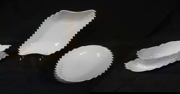 ROYAL COPENHAGEN WHITE HALF LACE 3 PIECE GROUP: ROYAL COPENHAGEN WHITE HALF LACE 3 PIECE GROUP, GRAVEY, SQUARE & ROUND BOWL, LARGEST APPROXIMATELY 8 1/2 X 8 1/2 X 2 1/2 IN