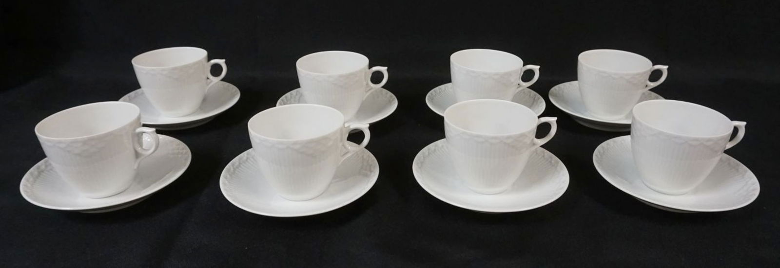 ROYAL COPENHAGEN WHITE HALF LACE 8 TEACUPS: ROYAL COPENHAGEN WHITE HALF LACE 8 TEACUPS & SAUCERS, APPROXIMATELY 3 IN HIGH