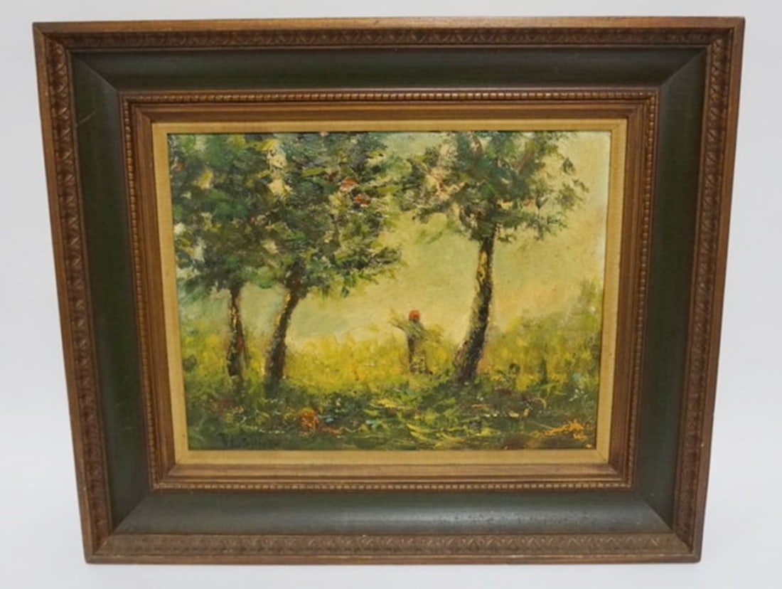 ARTIST SIGNED ABSTRACT OIL ON BOARD: OIL ON BOARD, ABSTRACT WOODED SCENE, ARTIST SIGNED LOWER LEFT, APPROXIMATELY 25 1/2 IN X 21 3/4 IN OVERALL