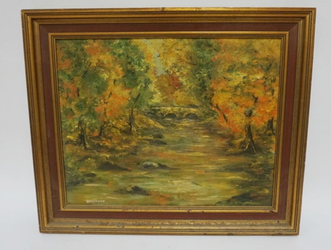 BROCKWAY SIGNED OIL PAINTING ON CANVAS: OIL PAINTING ON CANVAS, IMAGE OF WOODED STREAM WITH BRIDGE, SIGNED BROCKWAY, APPROXIMATELY 24 1/2 IN X 20 1/2 IN OVERALL