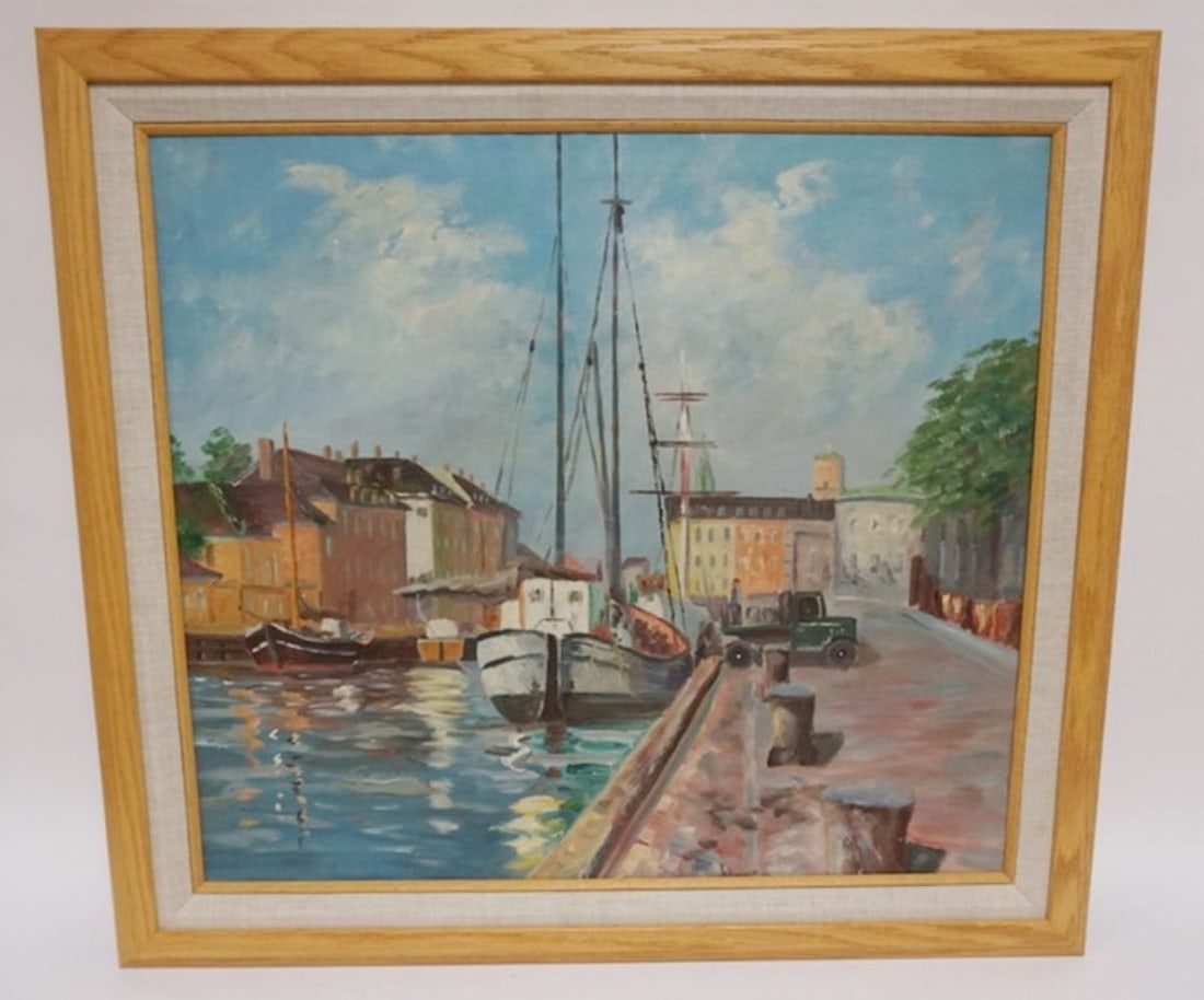 ARTIST SIGNED OIL PAINTING ON CANVAS: OIL PAINTING ON CANVAS, HARBOR SCENE, ARTIST SIGNED, APPROXIMATELY 32 IN X 29 IN OVERALL