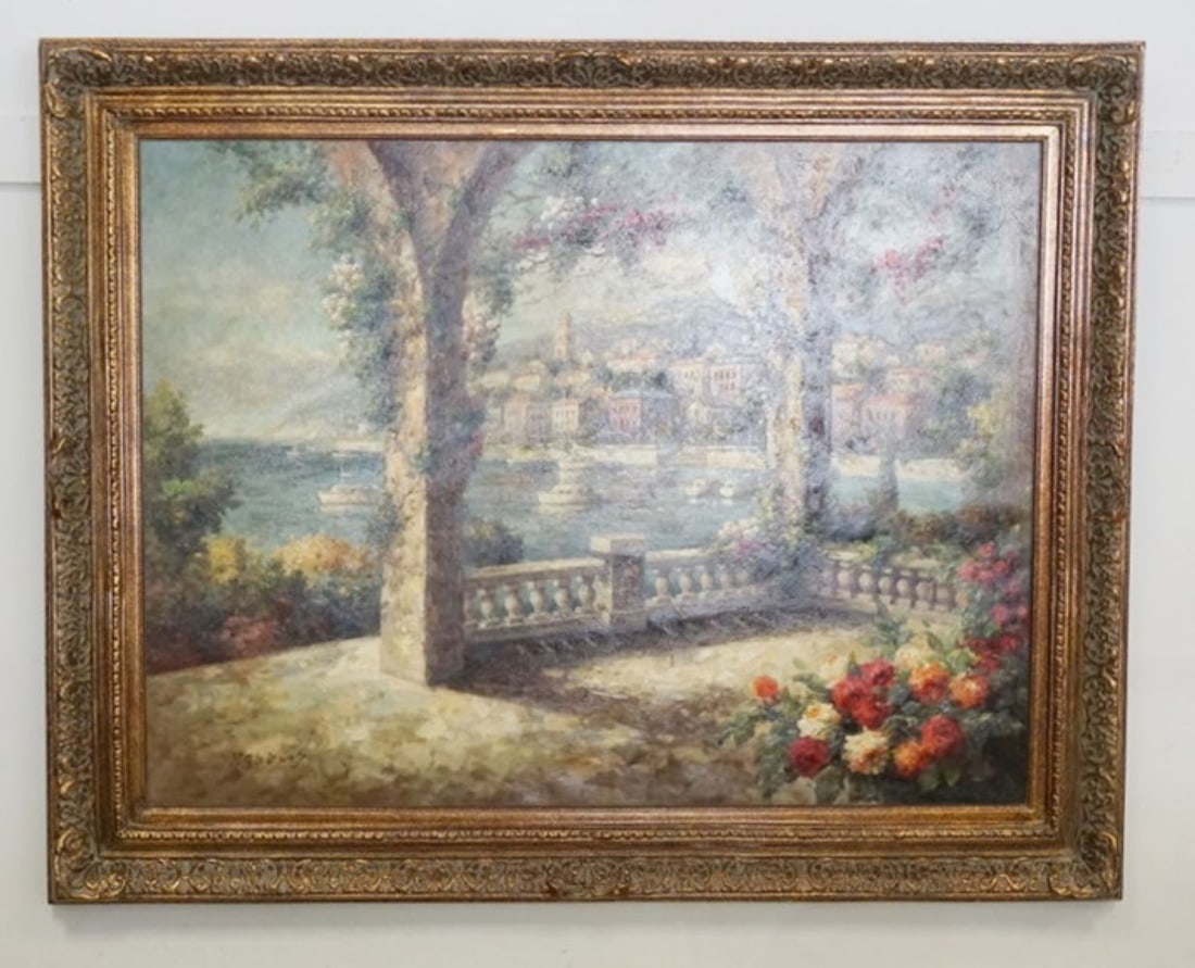 ARTIST SIGNED OIL PAINTING ON CANVAS: LARGE FRAMED OIL ON CANVAS, MEDITERRANEAN SHORE SCENE, SIGNED LOWER LEFT, APPROXIMATELY 58 IN X 46 IN OVERALL
