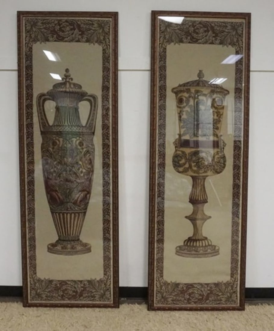CLOTH TAPERSTRIES: 2 LARGE FRAMED CLOTH TAPERSTRIES WITH IMAGES OF URNS, EACH APPROXIMATELY 29 IN X 88 IN OVERALL